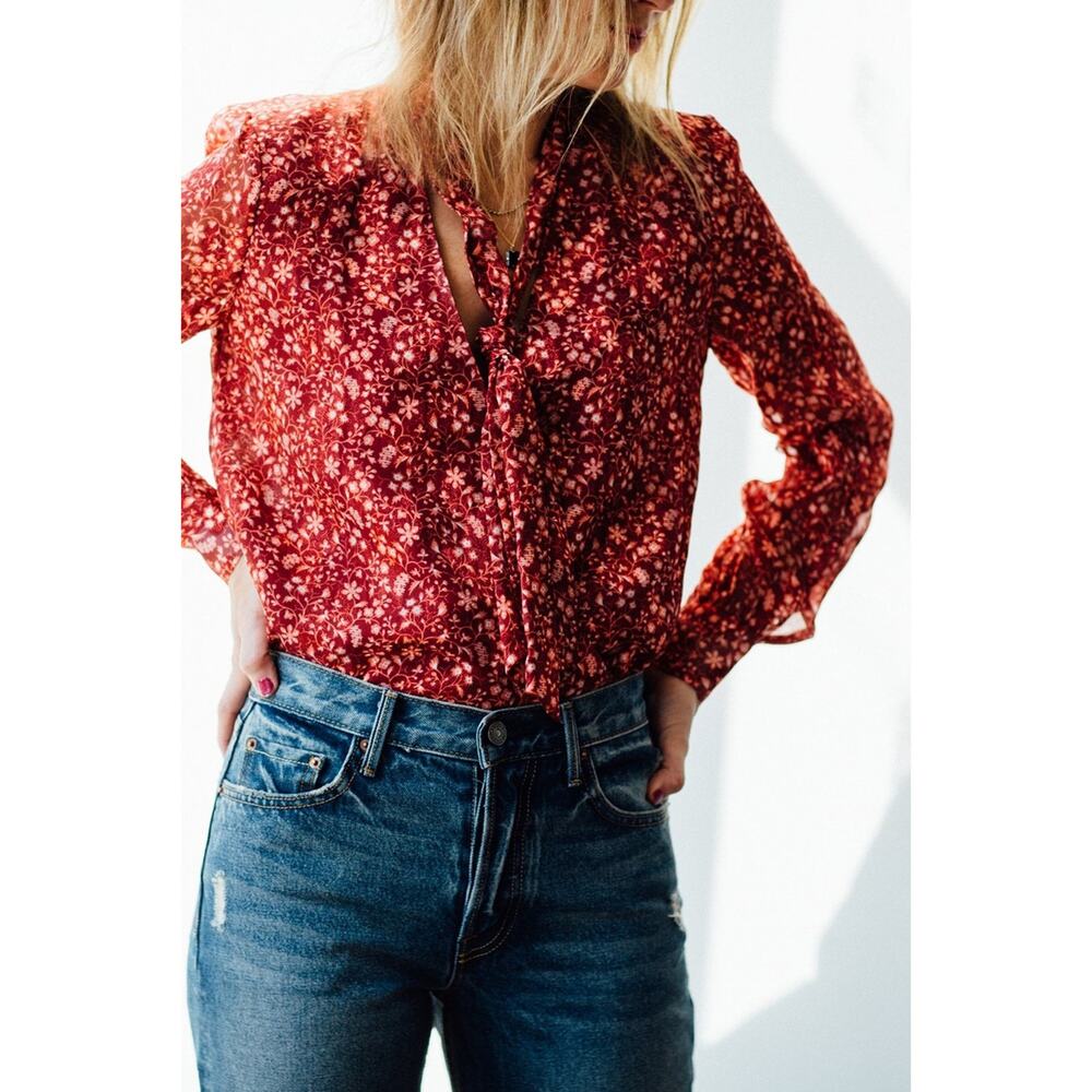 Jonathan Simkhai Daphne Medallion Top Red Currant Tie Neck Silk Blend SZ L